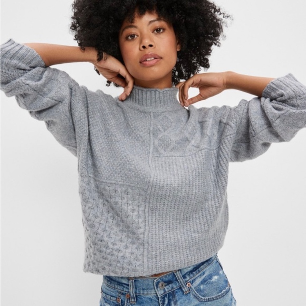 Women's American Eagle Outfitters Sz S Mixed Stitch Mock Neck Sweater Gray